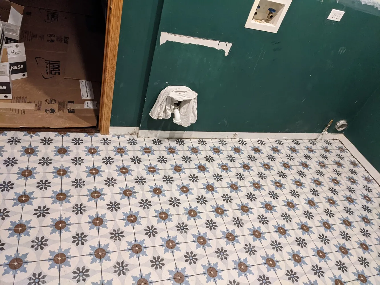 patterned tile installation on floor
